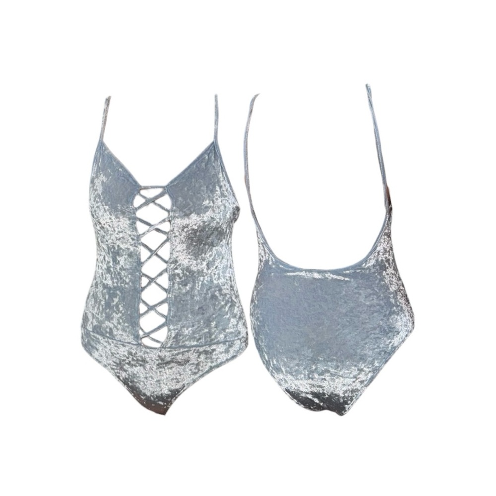 Charlotte Russe Silver Crushed Velvet Lace-Up Bodysuit